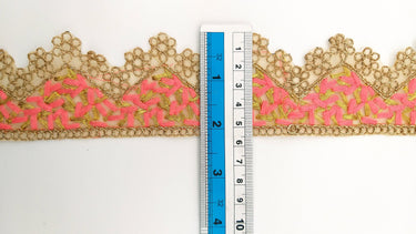 Gold Sheer Tissue Fabric Cutwork Trim with Embroidery in Gold and Salmon Pink, Scallop Trim, Fringe Trim